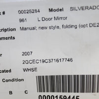 2007-2010 CHEVY SILVERADO 1500 DRIVER LEFT SIDE MANUAL DOOR MIRROR BLACK 25284