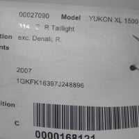 2007-2011 YUKON XL 1500 PASSENGER SIDE RAER TAIL LIGHT 15889891
