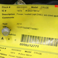 2011-2016 Chevy Cruze Passenger Right Side Power Door Mirror Silver 33883